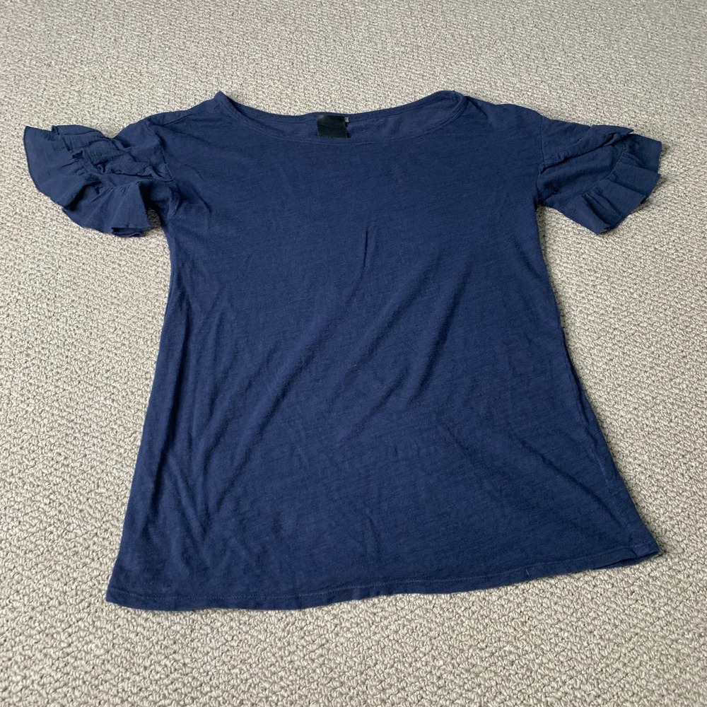 Heather Womens Shirt Size Petite Blue Short Sleeves Ruffle Cuffs Pullover Casual